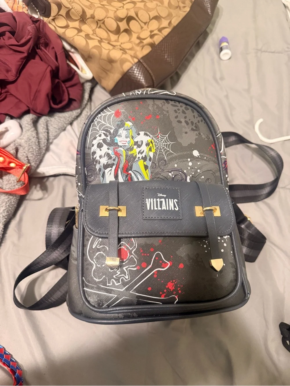 Loungefly Disney Villains Gray Mini Backpack with Multicolor Artwork
